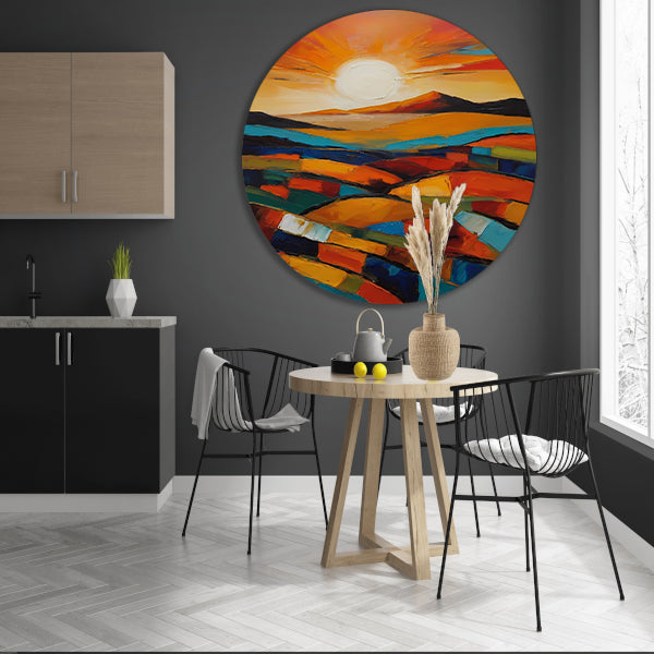 Stralende zon boven kleurrijke abstracte velden aluminium muurcirkel
