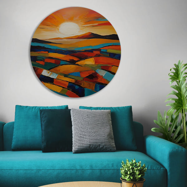 Stralende zon boven kleurrijke abstracte velden aluminium muurcirkel