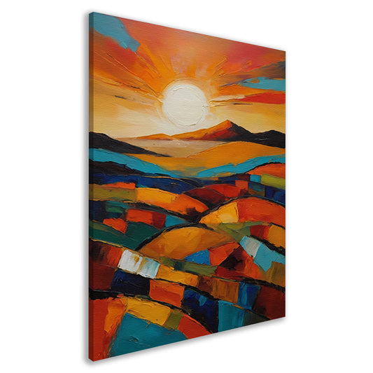 Stralende zon boven kleurrijke abstracte velden canvas