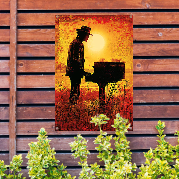 Silhouet pianist bij zonsondergang kunstwerk tuinposter