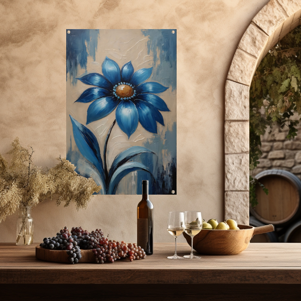 Abstracte Indigo Bloem met Dynamische Bladeren tuinposter