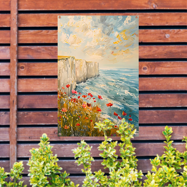 Witte kliffen en bloemen aan zee tuinposter