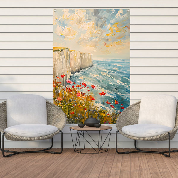 Witte kliffen en bloemen aan zee tuinposter