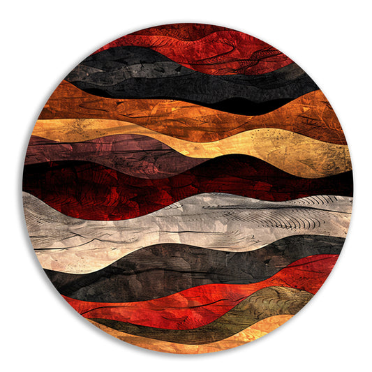 Dynamisch abstract kunstwerk met warme kleuren aluminium muurcirkel