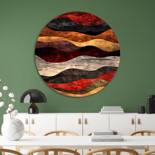 Dynamisch abstract kunstwerk met warme kleuren aluminium muurcirkel