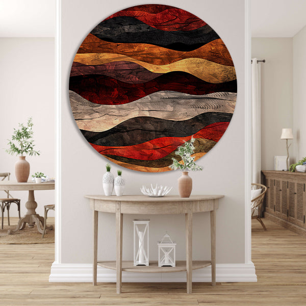 Dynamisch abstract kunstwerk met warme kleuren aluminium muurcirkel