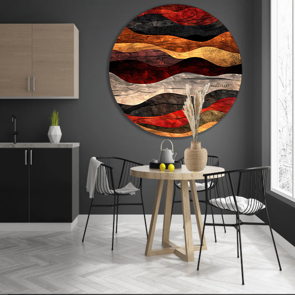 Dynamisch abstract kunstwerk met warme kleuren aluminium muurcirkel