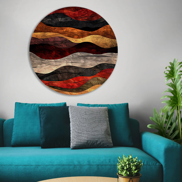 Dynamisch abstract kunstwerk met warme kleuren aluminium muurcirkel