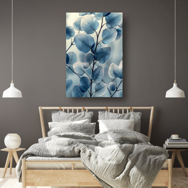 Subtiele blauwe bladeren met gedetailleerde aderstructuur canvas met baklijst