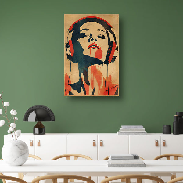 Vrouw met koptelefoon in vintage stijl canvas