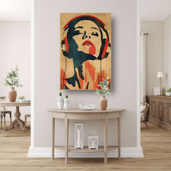 Vrouw met koptelefoon in vintage stijl canvas