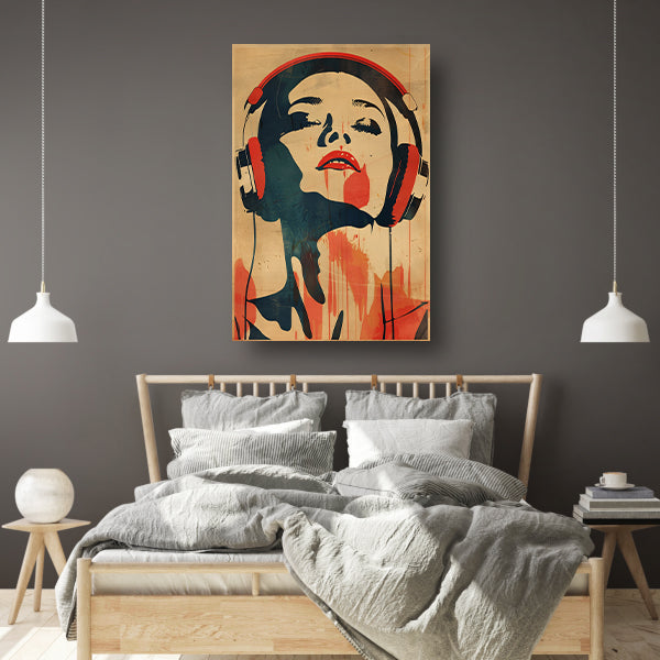 Vrouw met koptelefoon in vintage stijl canvas