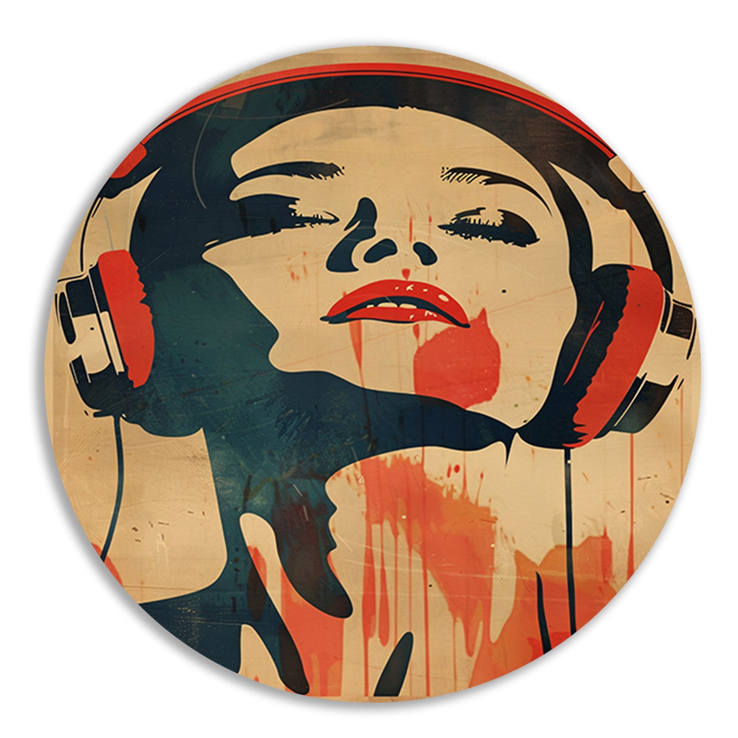 Vrouw met koptelefoon in vintage stijl aluminium muurcirkel
