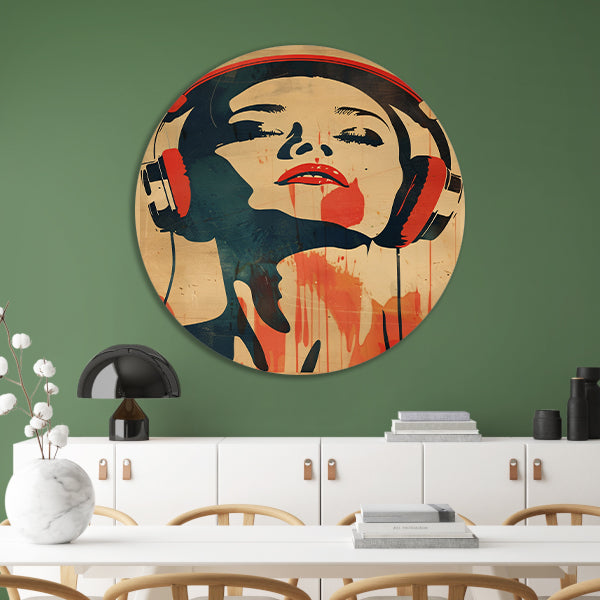 Vrouw met koptelefoon in vintage stijl aluminium muurcirkel