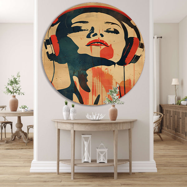 Vrouw met koptelefoon in vintage stijl aluminium muurcirkel