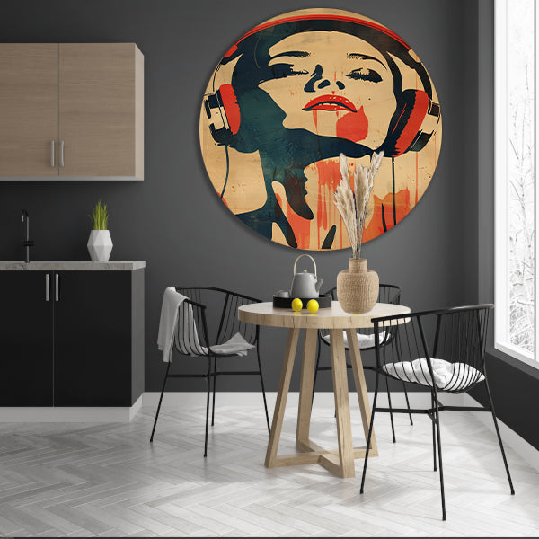 Vrouw met koptelefoon in vintage stijl aluminium muurcirkel
