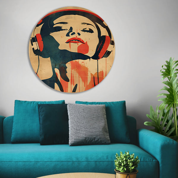 Vrouw met koptelefoon in vintage stijl aluminium muurcirkel