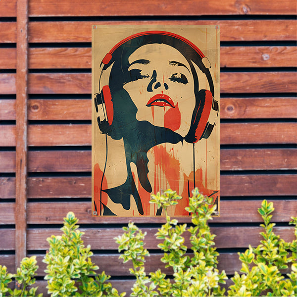 Vrouw met koptelefoon in vintage stijl tuinposter