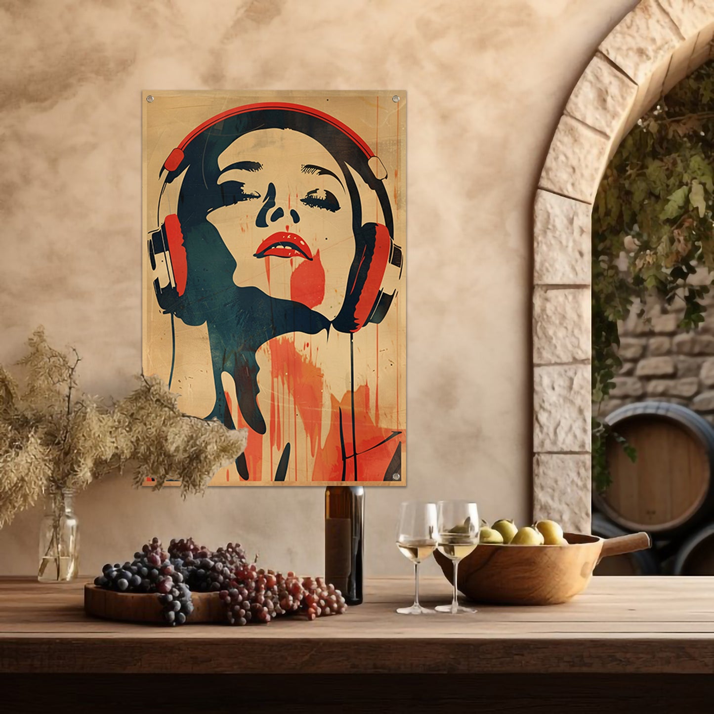 Vrouw met koptelefoon in vintage stijl tuinposter