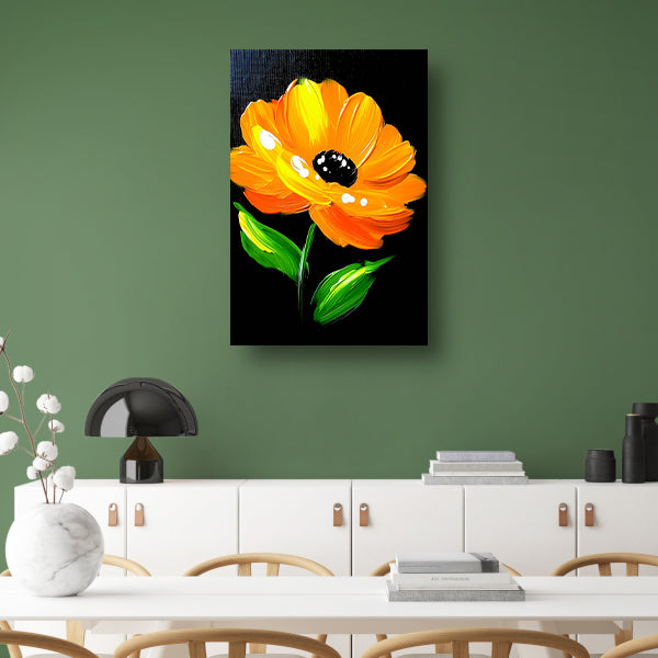 Schilderij van oranje bloem met bladeren poster