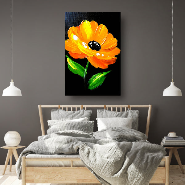 Schilderij van oranje bloem met bladeren poster