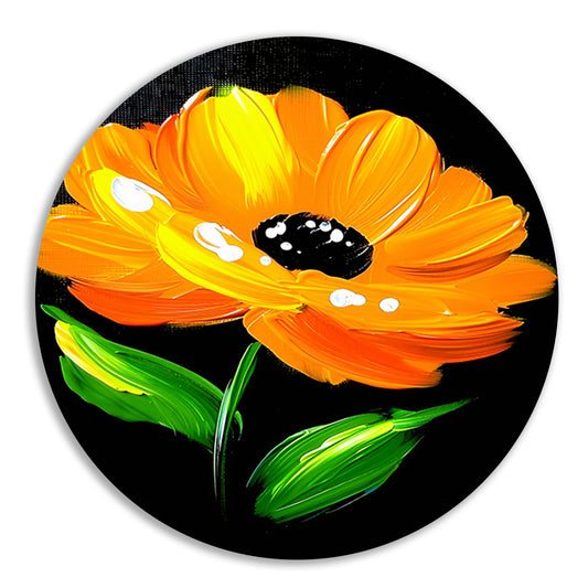 Schilderij van oranje bloem met bladeren aluminium muurcirkel