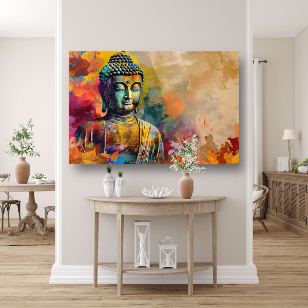 Boeddha omgeven door levendige herfsttinten canvas