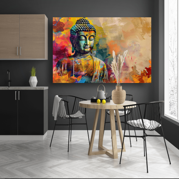 Boeddha omgeven door levendige herfsttinten canvas