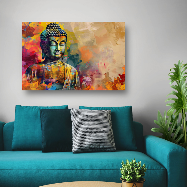 Boeddha omgeven door levendige herfsttinten canvas