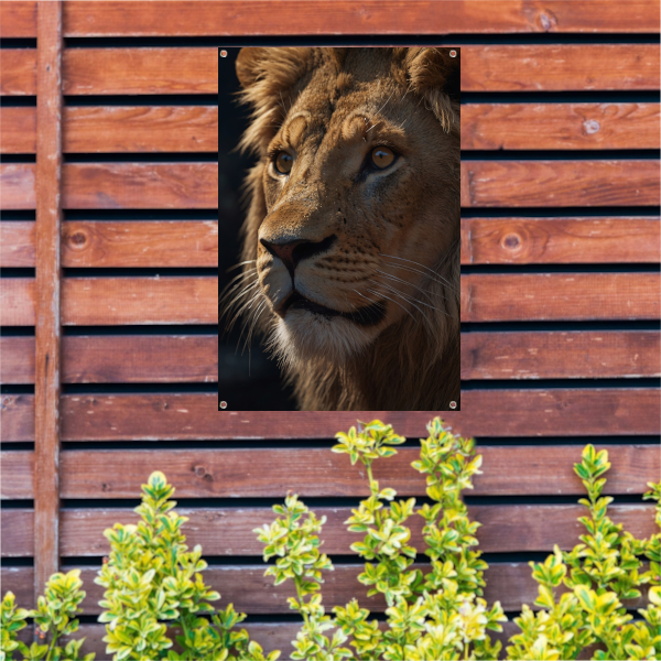 Close-up van leeuw met indringende blik tuinposter
