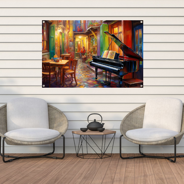 Piano en stoel in minimalistische stijl tuinposter