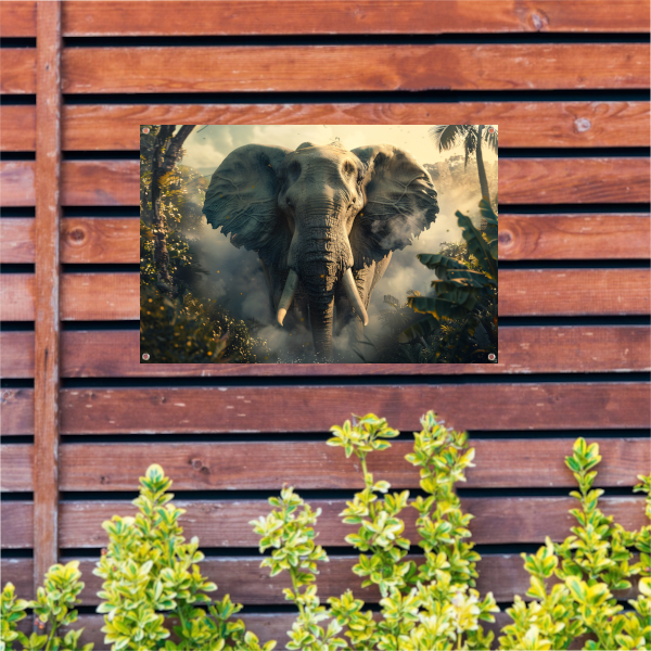 Majestueuze olifant in mistige ochtend tuinposter