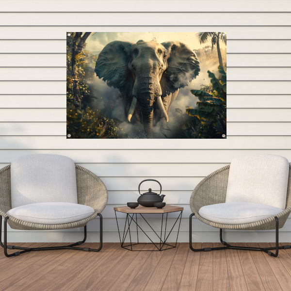 Majestueuze olifant in mistige ochtend tuinposter