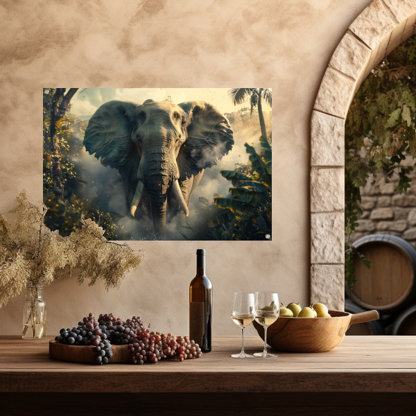 Majestueuze olifant in mistige ochtend tuinposter
