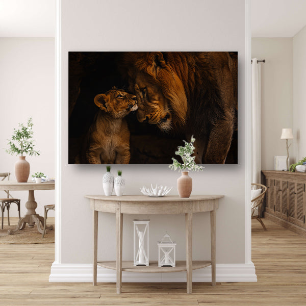 Intieme ontmoeting tussen leeuw en welp canvas