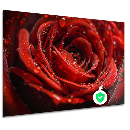 Close-up van een rode roos met dauwdruppels poster