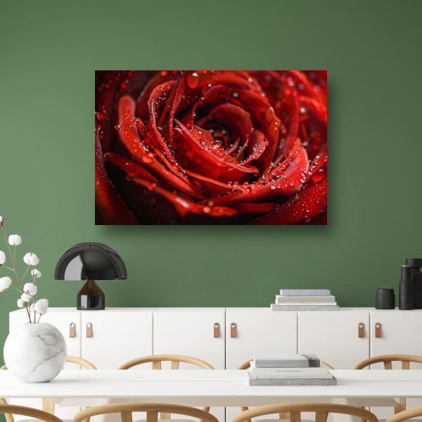 Close-up van een rode roos met dauwdruppels canvas