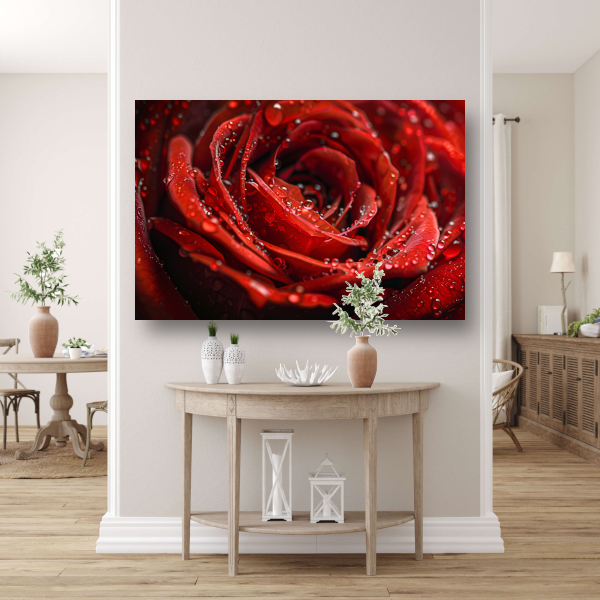 Close-up van een rode roos met dauwdruppels canvas