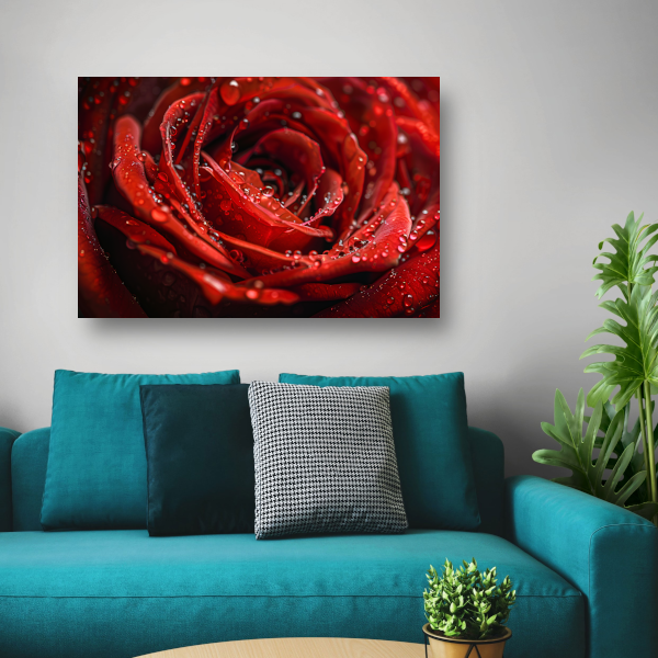 Close-up van een rode roos met dauwdruppels canvas