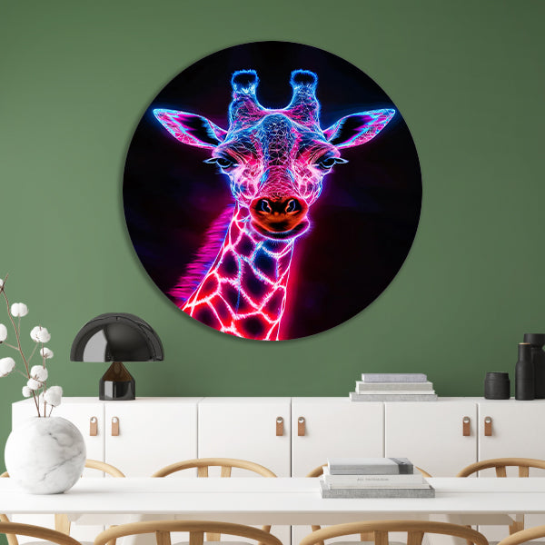 Futuristische giraffe in neonkleuren kunstwerk aluminium muurcirkel