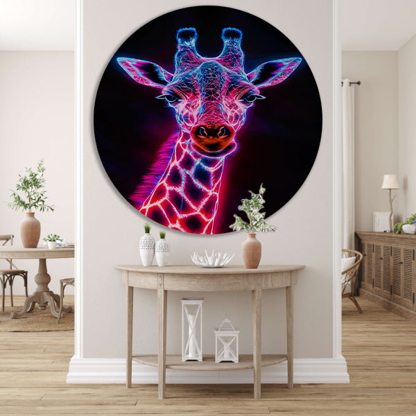 Futuristische giraffe in neonkleuren kunstwerk aluminium muurcirkel