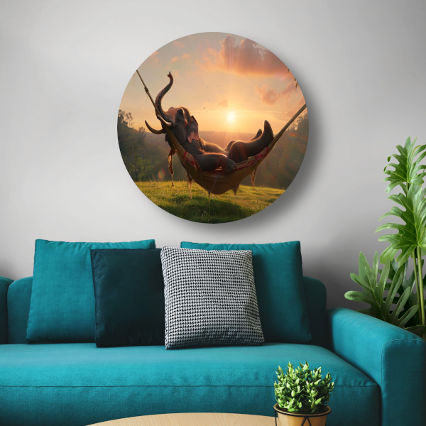 Olifant in een hangmat tijdens zonsondergang aluminium muurcirkel