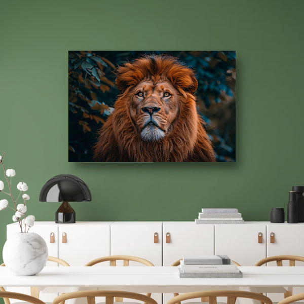 Prachtige portret van een leeuw met bladerenposter