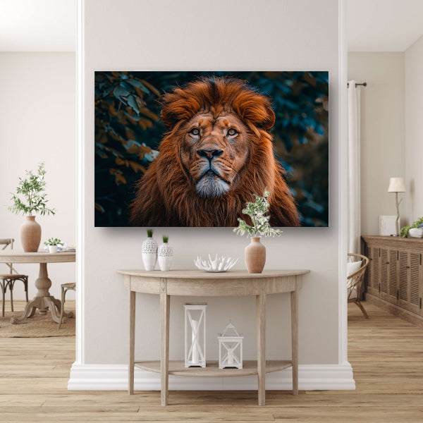 Prachtige portret van een leeuw met bladerenposter