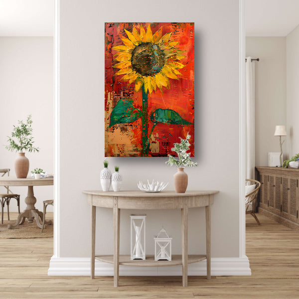 Abstracte zonnebloem schilderij met levendige kleuren canvas