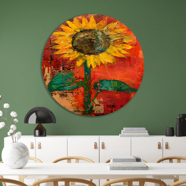 Abstracte zonnebloem schilderij met levendige kleuren aluminium muurcirkel