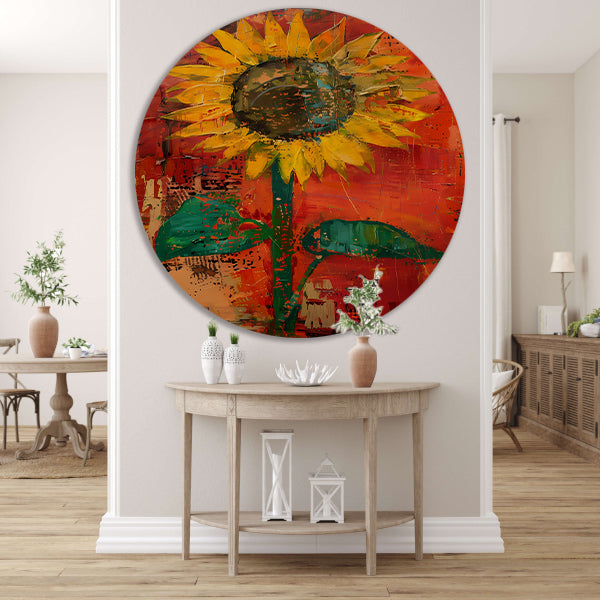 Abstracte zonnebloem schilderij met levendige kleuren aluminium muurcirkel