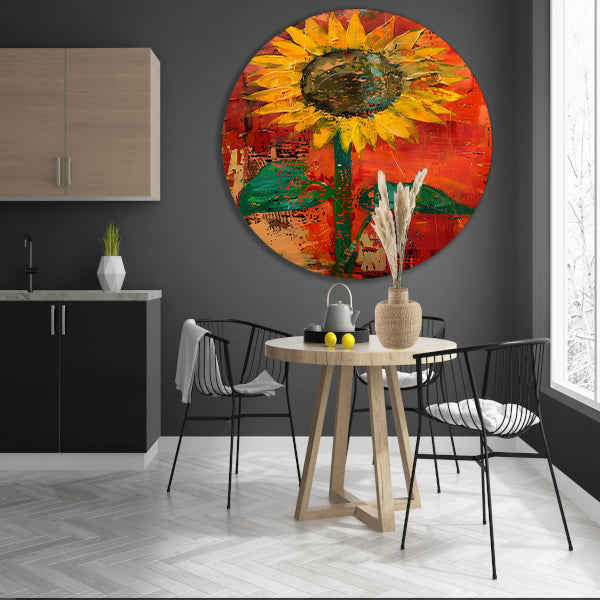 Abstracte zonnebloem schilderij met levendige kleuren forex muurcirkel