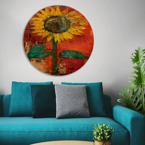 Abstracte zonnebloem schilderij met levendige kleuren aluminium muurcirkel