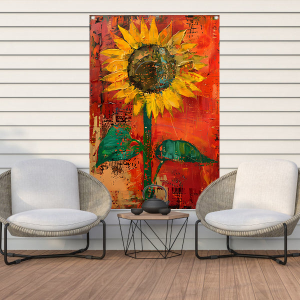 Abstracte zonnebloem schilderij met levendige kleuren tuinposter